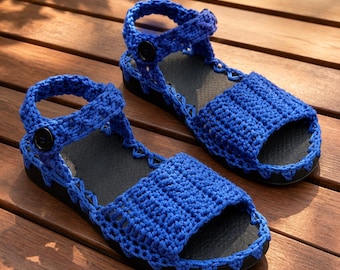 Crochet Sandals Pattern PDF, Women's Summer Shoes, Rubber Sole DIY Footwear, Pre-Punched Sole, Blue Button Strap