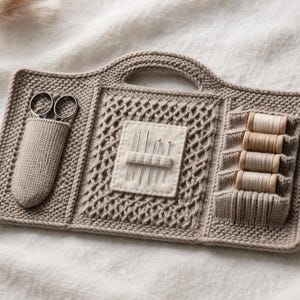 Puede incluir: Un kit de costura tejido de color beige con un asa, con compartimentos para tijeras, agujas y carretes de hilo. El kit tiene un diseño calado texturizado en el centro y está diseñado para guardar elementos esenciales de costura.