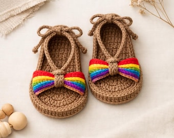 Crochet Baby Sandals Pattern – Rainbow Bow Shoes, Infant Tutorial (PDF)
