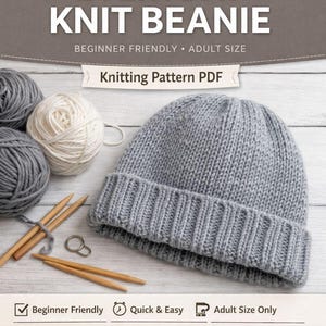 May include: A light gray knit beanie with a ribbed brim, accompanied by knitting needles, yarn balls, and the text "EVERYDAY KNIT BEANIE." The image also includes the text "Beginner Friendly" and "Adult Size Only."
