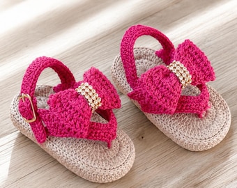 Baby Sandals Crochet Pattern PDF, Fuchsia Bow Baby Girl Shoes, Buckle Strap, Luxury Summer Sandals, Instant Download