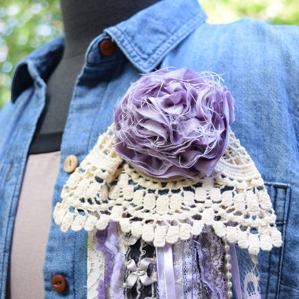 Handmade Pin-Brooch Streaming Ribbons, Dupioni Silk Flower & Cotton Lace- Purple; Grape; Lavender - Boho; Shabby Chic; Gypsy; Bohemian, OOAK