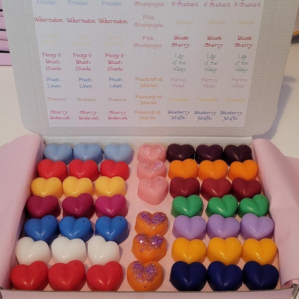Boîte de sélection de cire fondue, 48 fontes de cire en forme de coeur, 16 parfums magnifiques, fontes de cire faites main, coffret cadeau de cire fondue, assortiment de fontes de cire, fontes de cire