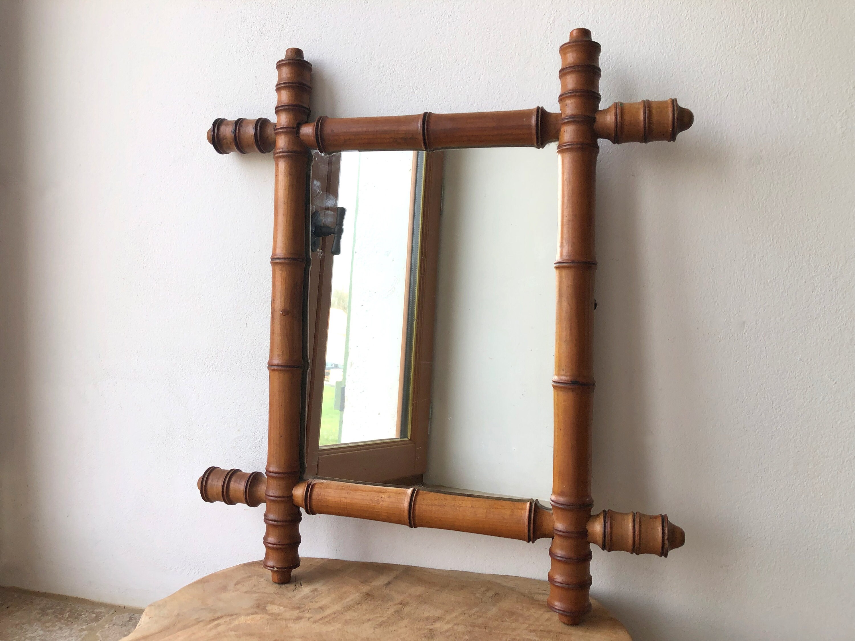 Antique Français Faux Miroir en Bois de Bambou