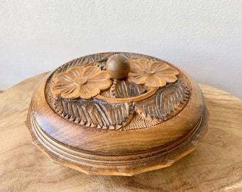 Vintage French Hand Carved Round Wooden Box, Jewelry Box