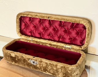 Antique French Velvet Glove Box, Tufted Silk, Quilted Jewelry Box