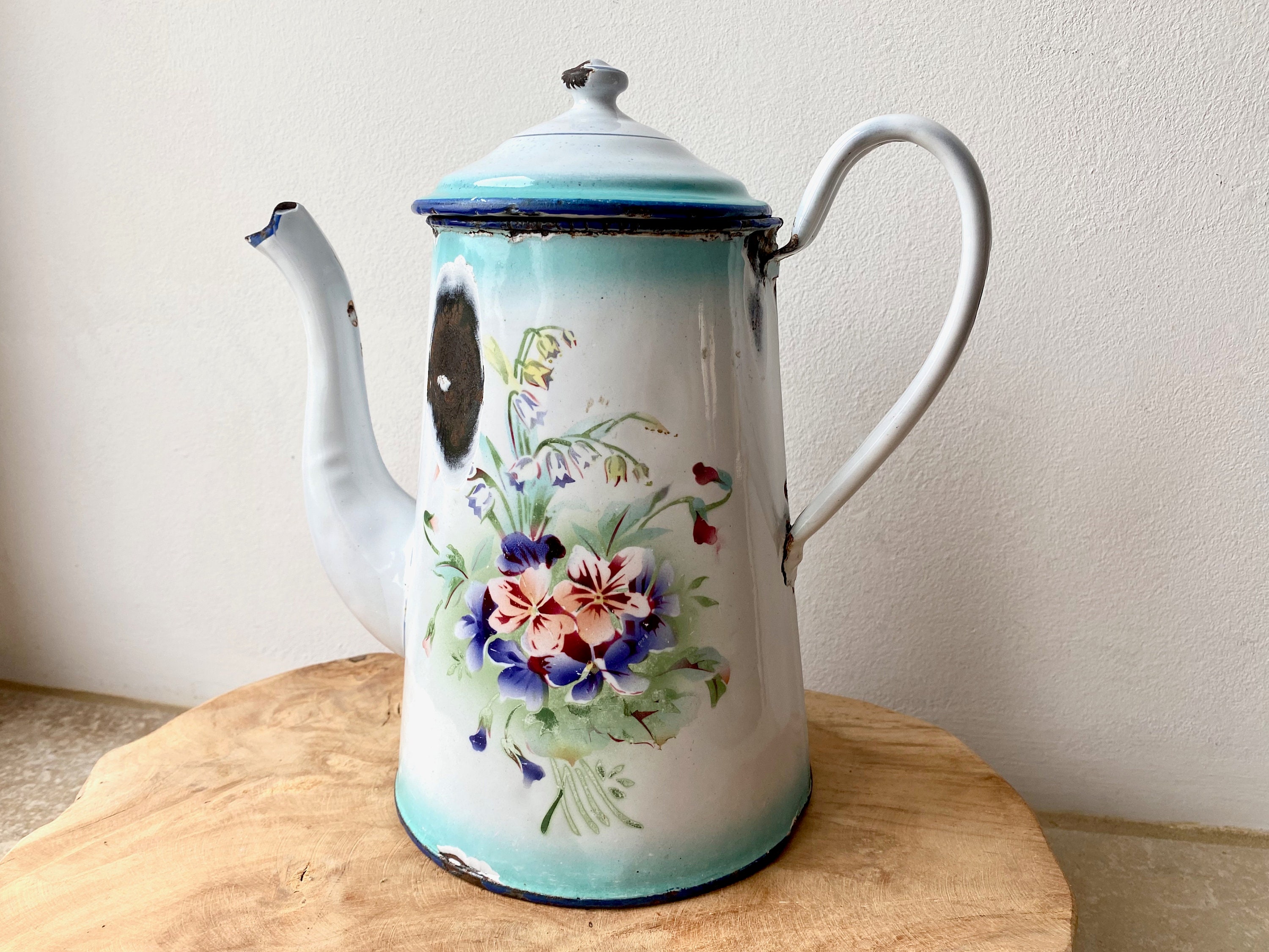 Français Cafetière en Émail, Émail Ancien, Cruche Vintage