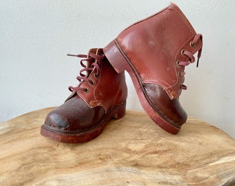 Antique French Children's Boots, Wooden Soles, Theatrical Props, Leather Boots