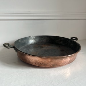 Vintage French Copper Pan with Brass Handles: Rustic Kitchen Decor