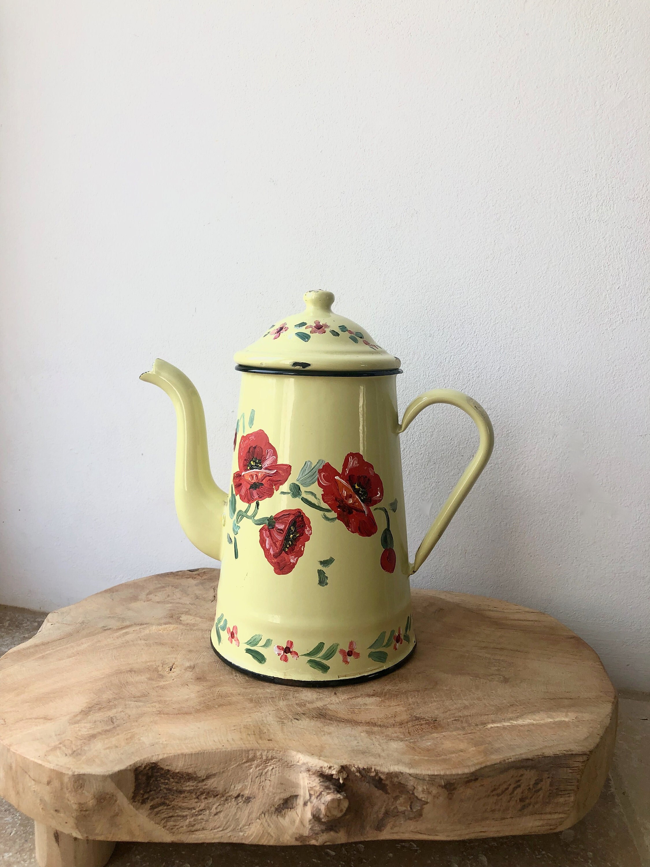 Cafetière en Émail Vintage Français, Pot Peint à La Main