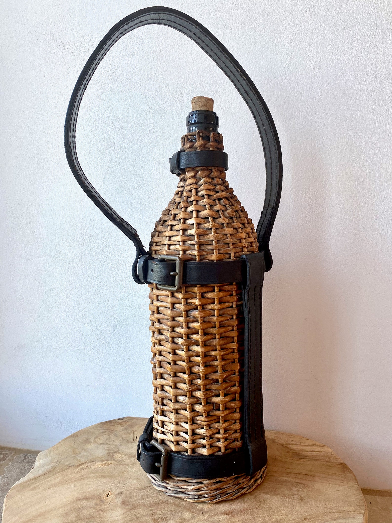 Vintage French Wicker Bottle With Leather Straps Etsy