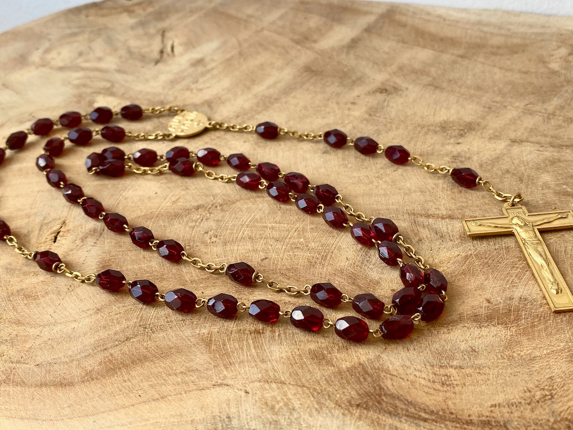 Vintage French Red Glass Bead Rosary Catholic Rosary French Etsy
