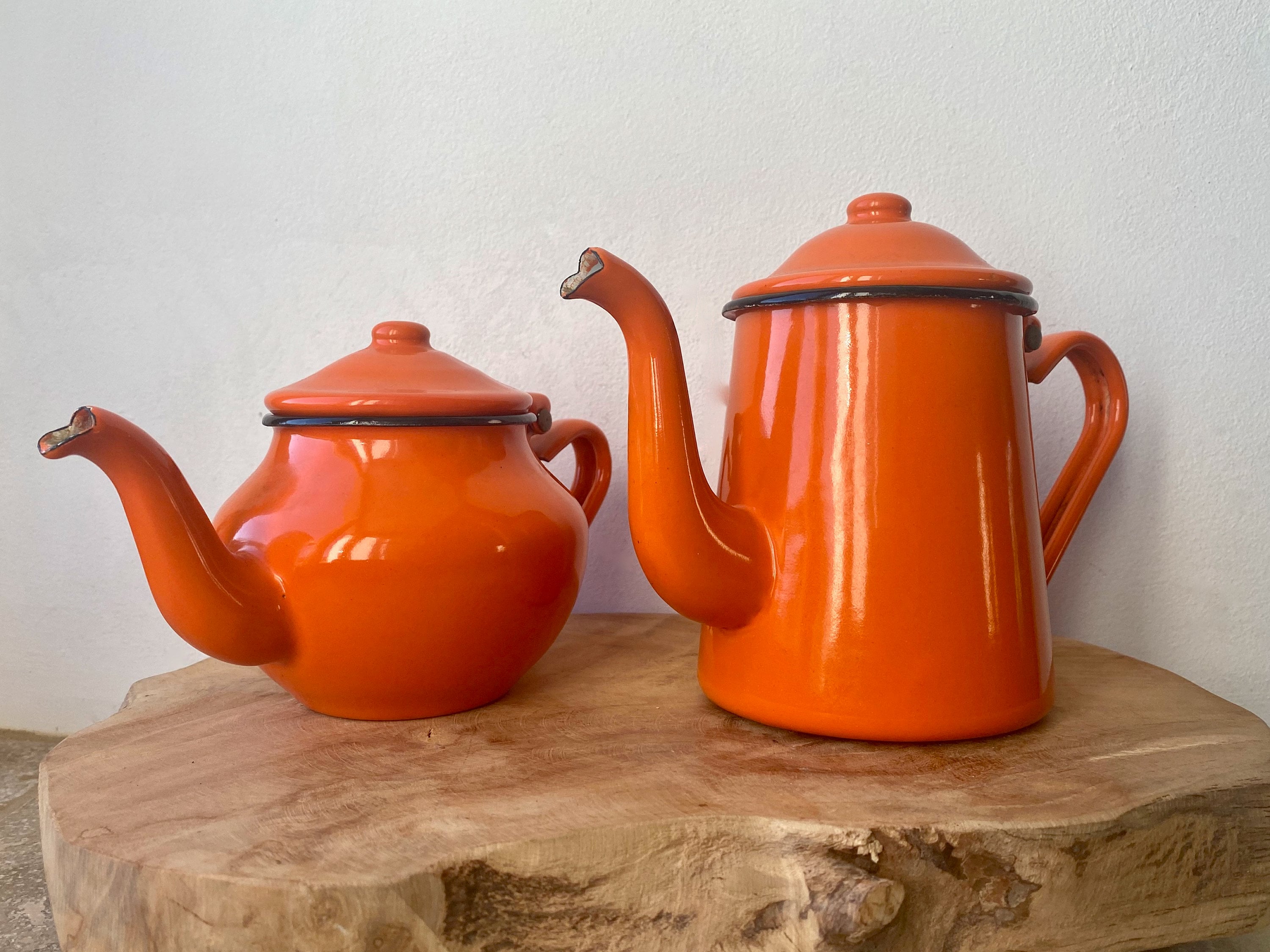 Théière et Cafetière Vintage Français Orange Émaillé