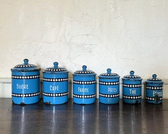 6 Antique French Enamel Cannisters, Kitchen Pots, DUCO BGB