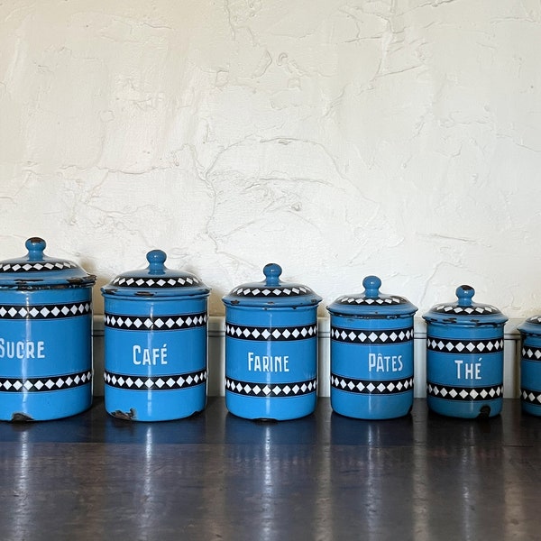 6 Antique French Enamel Cannisters, Kitchen Pots, DUCO BGB