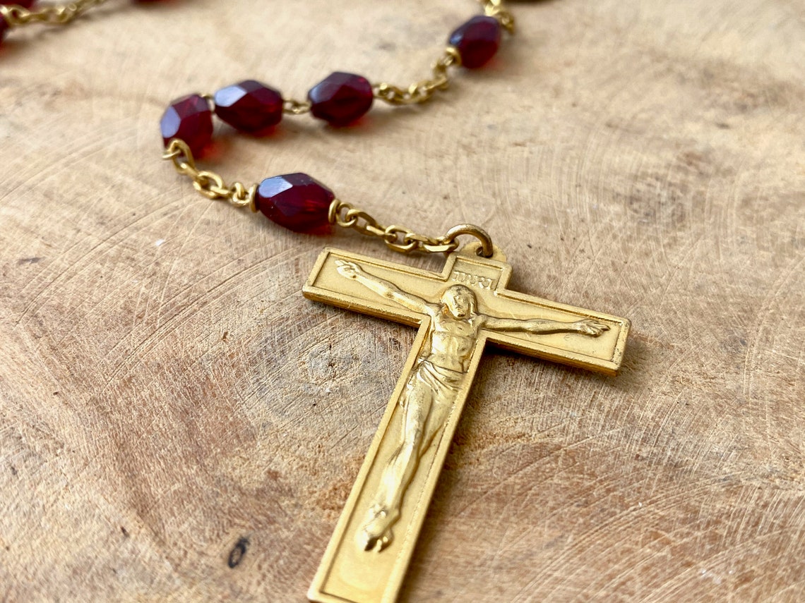 Vintage French Red Glass Bead Rosary Catholic Rosary French Etsy
