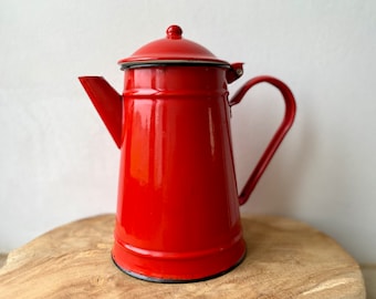 French Vintage Medium Red Enamel Coffee Pot, Enamelware