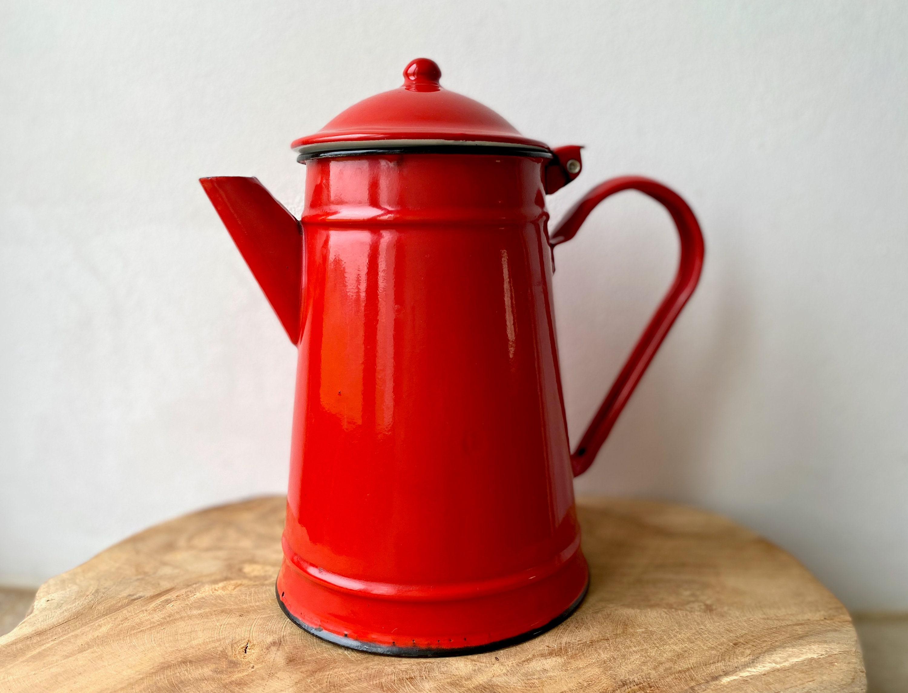 Français Cafetière en Émail Rouge Moyen Vintage, Enamelware