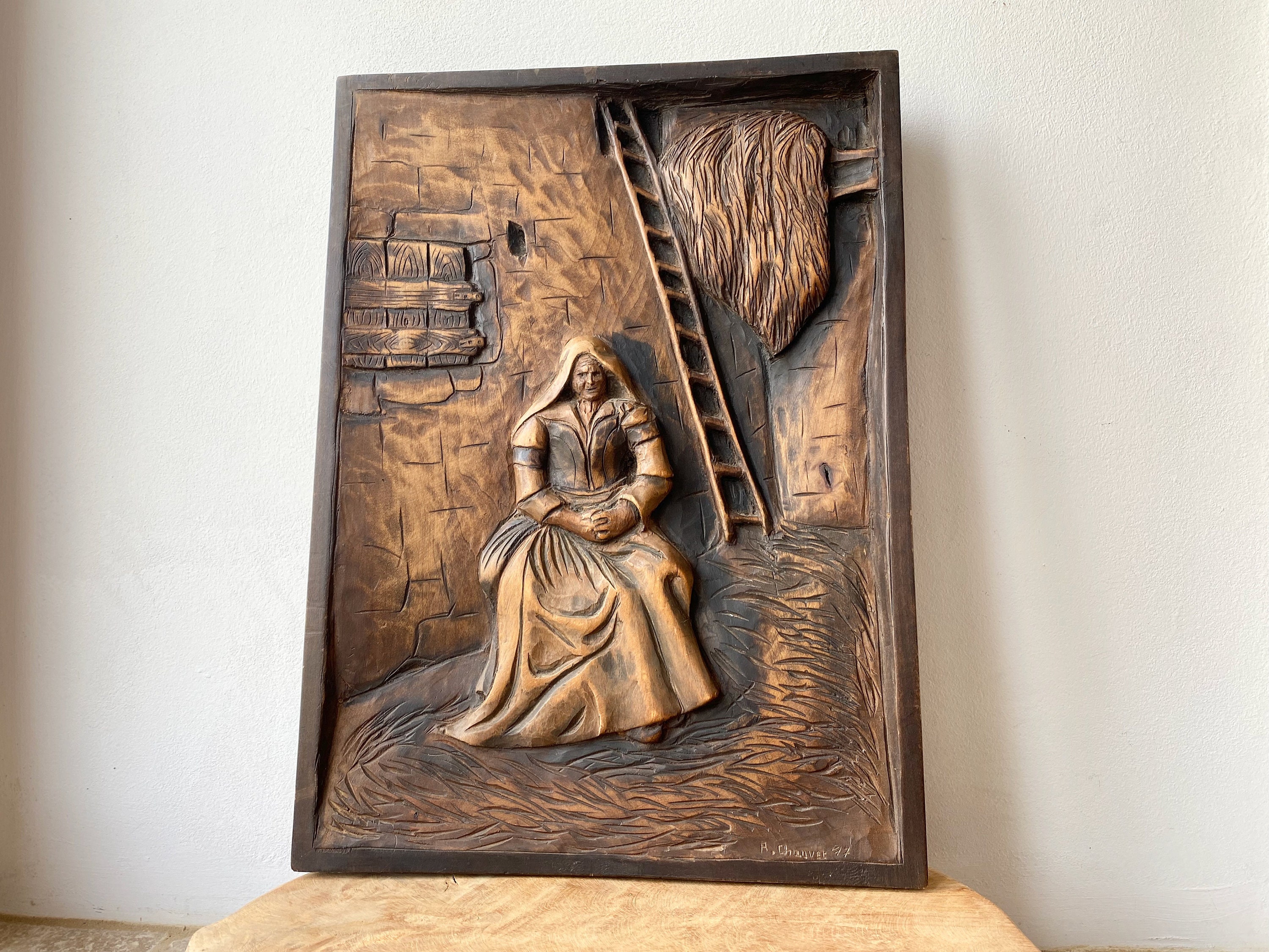 Panneau Mural en Bois Sculpté à La Main, Plaque Bois, Français Vintage, Art Populaire