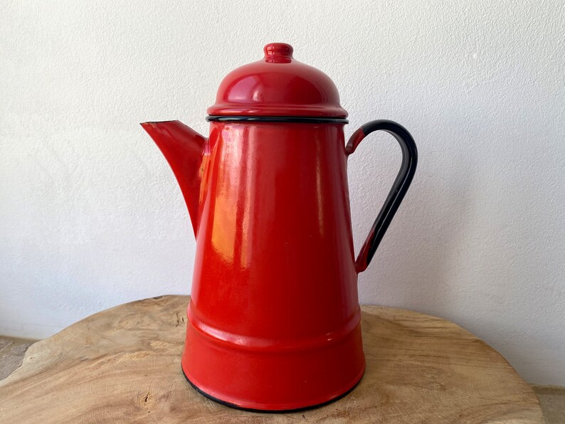 1950s red enamel pitcher Huta Silesia Made in Poland orange interior POLISH MCM