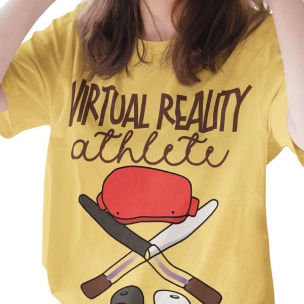 Virtual Reality Athlete T-Shirt with an image of Virtual Reality Headset, Boxing Gloves and Bat [Unisex Tee] VR Gaming Shirt for Men & Women