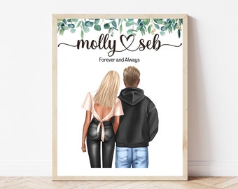 Personalised Couple Print Valentines Custom Anniversary Couple Gift His and Hers Love Illustration Wall Art Custom Wedding Gift For Couple