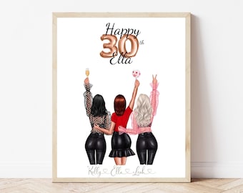 Puede incluir: Una descarga digital imprimible de una tarjeta de cumpleaños con tres mujeres con vestidos negros y un globo dorado que dice "Happy 30th Ella". El texto "Kelly Ella Leah" está en la parte inferior de la tarjeta.