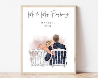 Personalised Wedding Couple Print Mr and Mrs Wedding Portrait Picture Gift For Daughter Best Friend Wedding Gift for Sister Newlyweds Print