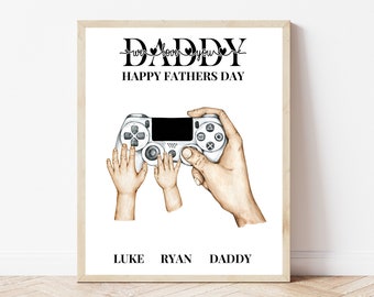 Fathers Day Hand Print Dad Gaming Print with Children Step Dad Hand Print Nursery Watercolour Decor Wall Art New Dad Print Family Gift