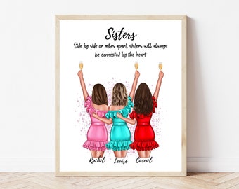 Customised 3 Sister Print Unique Gift for Sister Personalised Print Sister Family Keepsake Gift Sister Birthday Gift Sibling Print Wall Art