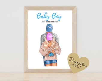 Custom Baby Announcement illustrationShower giftPersonalized husband and wifecouple art printpregnant illustrationmom to be gift
