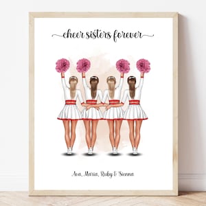 Cheerleader Print Best Friend Cheer Squad Gift Custom Cheer Team Portrait Four Girls Cheer Sisters Personalised Cheerleading Art