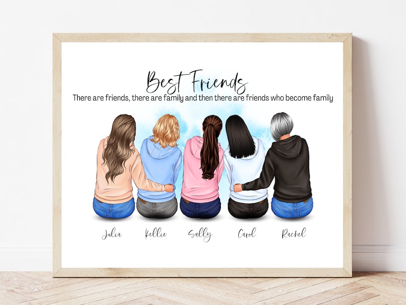Peut inclure: Une illustration num&eacute;rique de cinq femmes debout ensemble, les bras l'un autour de l'autre. Les femmes portent des v&ecirc;tements d&eacute;contract&eacute;s et ont des couleurs de cheveux diff&eacute;rentes. Le texte "Best Friends" est en haut de l'image, et le texte "There are friends, there are family and then there are friends who become family" est en dessous des femmes. Les noms "Julia", "Kellie", "Sally", "Carol", et "Rachel" sont &eacute;crits en dessous des femmes.