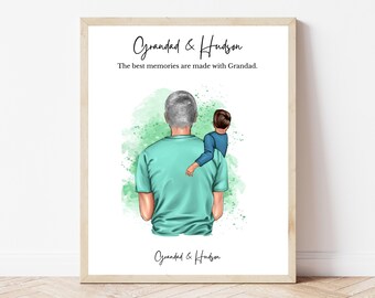 Grandad and Grandson Print Custom Family Portrait Personalised Gift for Grandpa Hug Illustration for Birthday or Father’s Day Keepsake Art