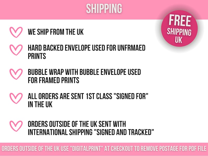 Peut inclure: Graphique rose et blanc avec le texte "SHIPPING" en noir. Le graphique liste les informations d'exp&eacute;dition pour les commandes provenant du Royaume-Uni et &agrave; l'international. Le graphique comprend &eacute;galement le texte "FREE SHIPPING UK".