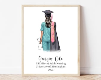 Personalised Nurse Graduation Print Custom Nursing Graduate Gift Female Nurse Illustration Nursing Student Graduation Wall Art