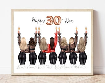 Puede incluir: Una ilustración enmarcada de siete mujeres con vestidos negros y blusas rojas, sosteniendo copas de champán, con el texto "Happy 30th Rox" y los nombres de cada mujer debajo.