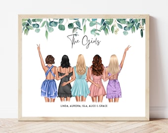 Impression amitié de groupe, cadeau meilleur ami, cadeaux Bestie, illustration d'amis, cadeau d'anniversaire pour un ami, impression d'escouade, photo de groupe de filles