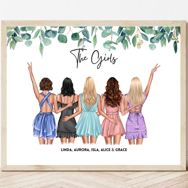 Group Friendship Print Best Friend Gift Bestie Gifts Friends illustration Birthday Gift For Friend Girl Squad Print Girl Group Picture