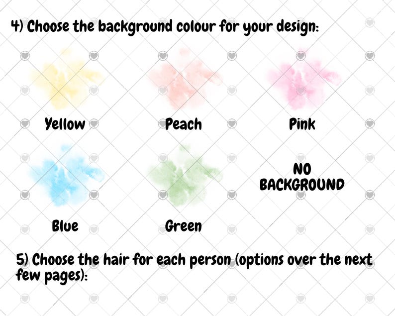 Peut inclure: Un tableau avec cinq &eacute;chantillons de couleurs &agrave; choisir pour une couleur de fond&nbsp;: jaune, p&ecirc;che, rose, bleu et vert. Le tableau comprend &eacute;galement la possibilit&eacute; de ne pas avoir de fond. Le texte "Choisissez la couleur de fond pour votre conception" est en haut du tableau.