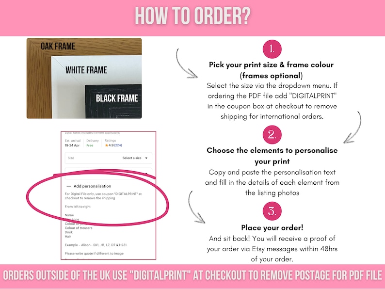 Peut inclure: Comment commander une impression personnalis&eacute;e avec un choix de cadres en ch&ecirc;ne, blanc ou noir.  S&eacute;lectionnez une taille et une couleur de cadre, puis personnalisez l'impression avec du texte et des d&eacute;tails.  Les commandes hors du Royaume-Uni utilisent "DIGITALPRINT" &agrave; la caisse pour supprimer les frais de port pour les fichiers PDF.
