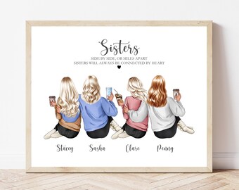 Personalised Sisters Print Gift From Sister Birthday Keepsake Custom Sister Illustration Best friend Style Artwork For Siblings Wall Decor
