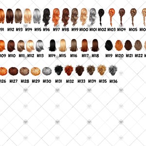 Peut inclure: Un ensemble de 36 coiffures diff&eacute;rentes pour l'illustration num&eacute;rique. Les coiffures sont de diff&eacute;rentes couleurs, notamment blond, brun, noir, rouge et gris. Les coiffures sont dispos&eacute;es en rang&eacute;es et num&eacute;rot&eacute;es.