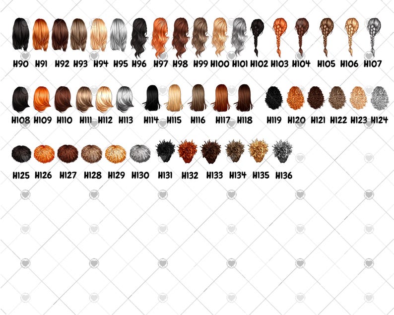Peut inclure: Un ensemble de 36 coiffures diff&eacute;rentes pour l'illustration num&eacute;rique. Les coiffures sont de diff&eacute;rentes couleurs, notamment blond, brun, noir, rouge et gris. Les coiffures sont dispos&eacute;es en rang&eacute;es et num&eacute;rot&eacute;es.