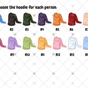 Peut inclure: Un ensemble de 14 sweats &agrave; capuche de couleurs diff&eacute;rentes, chacun avec un cordon de serrage blanc et une capuche. Les sweats &agrave; capuche sont dispos&eacute;s en deux rang&eacute;es de sept, chaque sweat &agrave; capuche &eacute;tant &eacute;tiquet&eacute; d'un num&eacute;ro de R1 &agrave; R14.