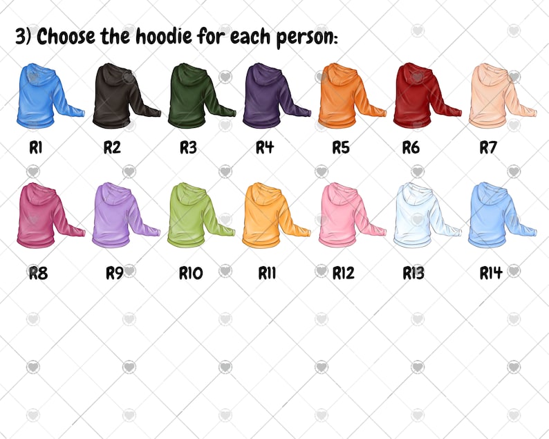 Peut inclure: Un ensemble de 14 sweats &agrave; capuche de couleurs diff&eacute;rentes, chacun avec un cordon de serrage blanc et une capuche. Les sweats &agrave; capuche sont dispos&eacute;s en deux rang&eacute;es de sept, chaque sweat &agrave; capuche &eacute;tant &eacute;tiquet&eacute; d'un num&eacute;ro de R1 &agrave; R14.