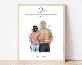 Dad and Daughter Print Custom Hug Illustration Personalised Father’s Day Gift from Daughter Daddy and Grown Up Daughter Portrait Art