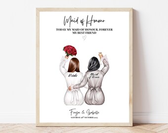 Bride and Maid of Honour Print Custom Robe Portrait Wedding Gift Maid of Honour Proposal Personalised Bridal Party Best Friend Keepsake