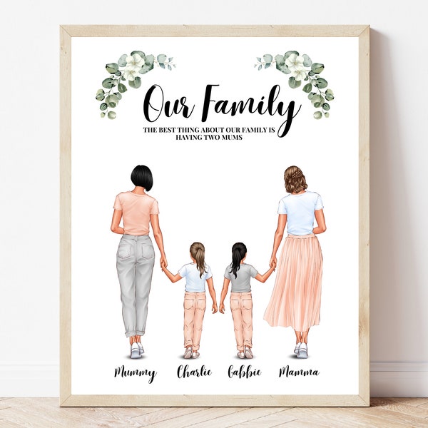 Personalised Lesbian Family Portrait LGBTQ Art Print Gay Couple With Children Gift For New Home Housewarming Gift Family Anniversary Print