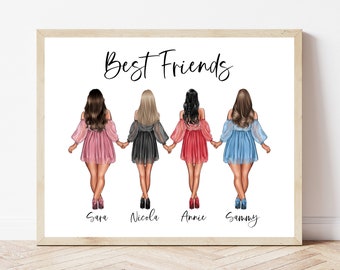 Puede incluir: Una impresión de arte imprimible con cuatro mujeres en vestidos de espaldas al espectador. El texto "Best Friends" está en la parte superior de la impresión. Los nombres de las mujeres están escritos debajo de ellas: Sara, Nicola, Annie y Sammy.
